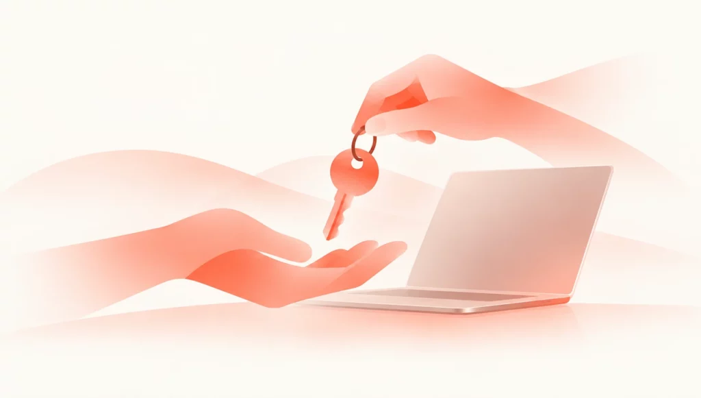 Eine Hand reicht einer anderen Hand einen Schlüssel vor einem geöffneten Laptop in einem abstrakten, orangefarbenen Stil.